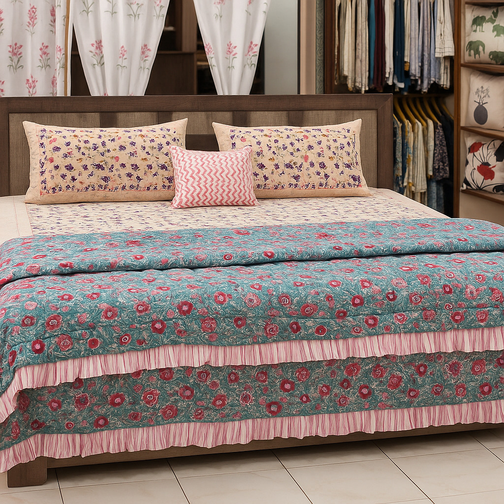 Hand Block Printed Bedsheets with Matching Quilts
